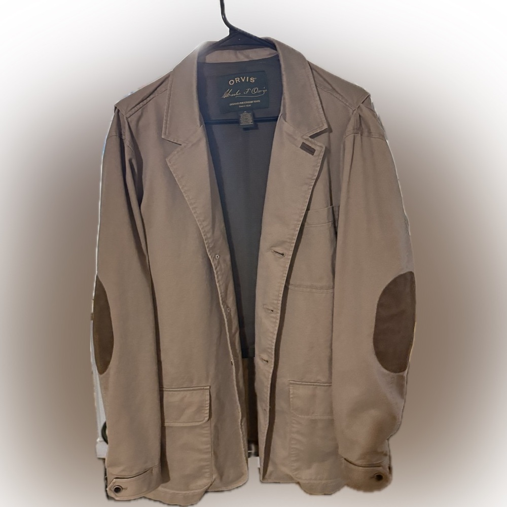 Orvis Men's Beige Jacket with Dark Brown Patches